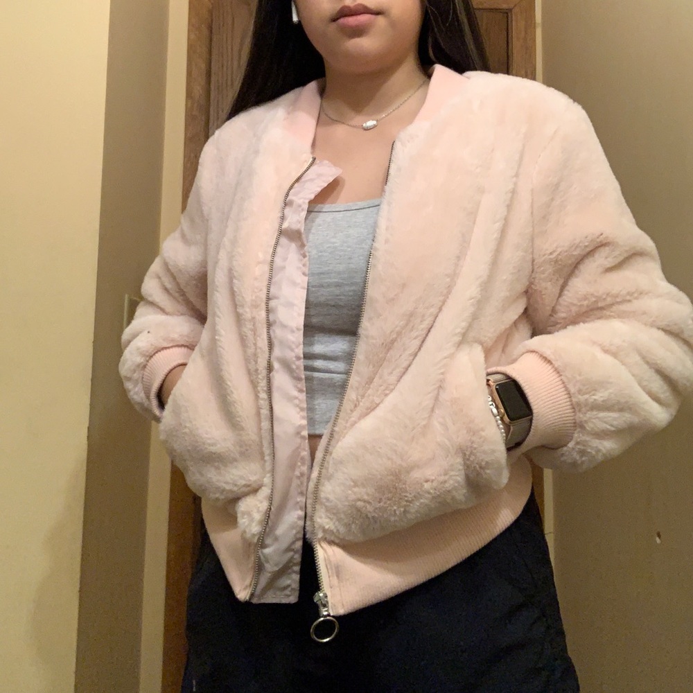 Fuzzy teddy bear pink bomber jacket